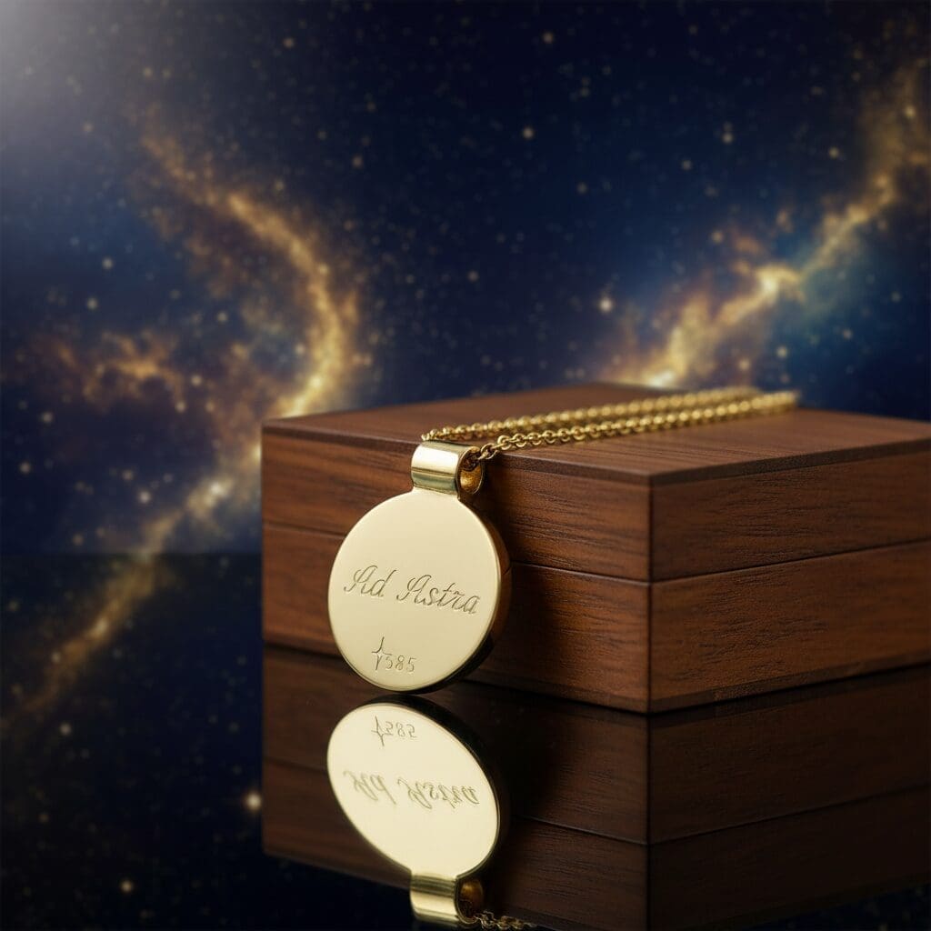 Meteoriten Schmuck in Echtgold: Saturn S der Aurea Kollektion. Amulett aus Muonionalusta Eisenmeteorit mit sichtbaren Widmanstätten -Strukturen: Rückseite Gravur: Ad Astra - Zu den Sternen