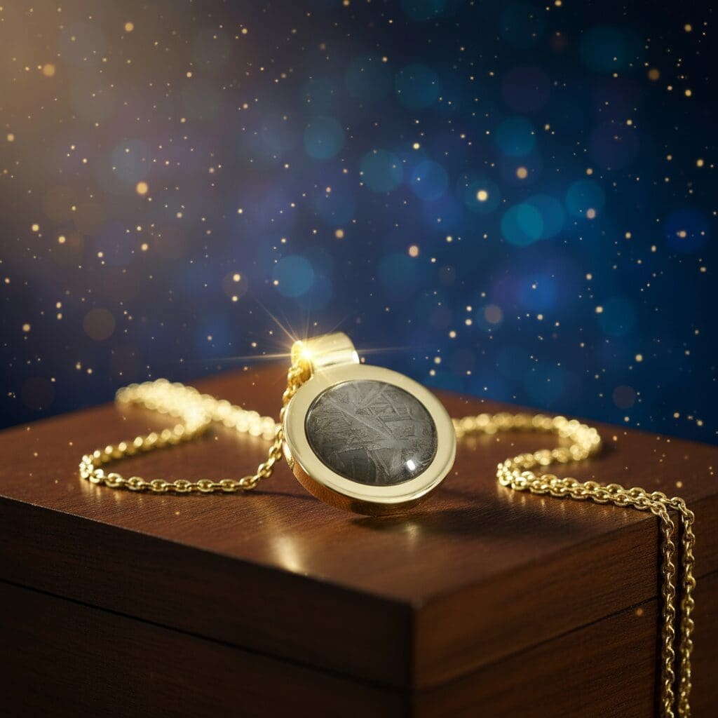 Meteoriten Schmuck Saturn S der Aurea Kollektion. Amulett aus Muonionalusta Eisenmeteorit mit sichtbaren Widmanstätten -Strukturen