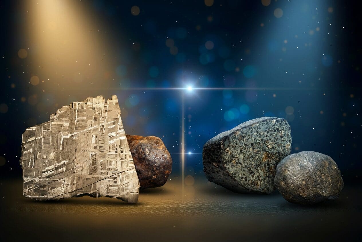 Links Eisenmeteorit, rechts Steinmeteorit