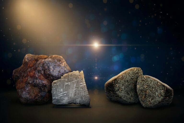 Links Eisenmeteorit, rechts Steinmeteorit